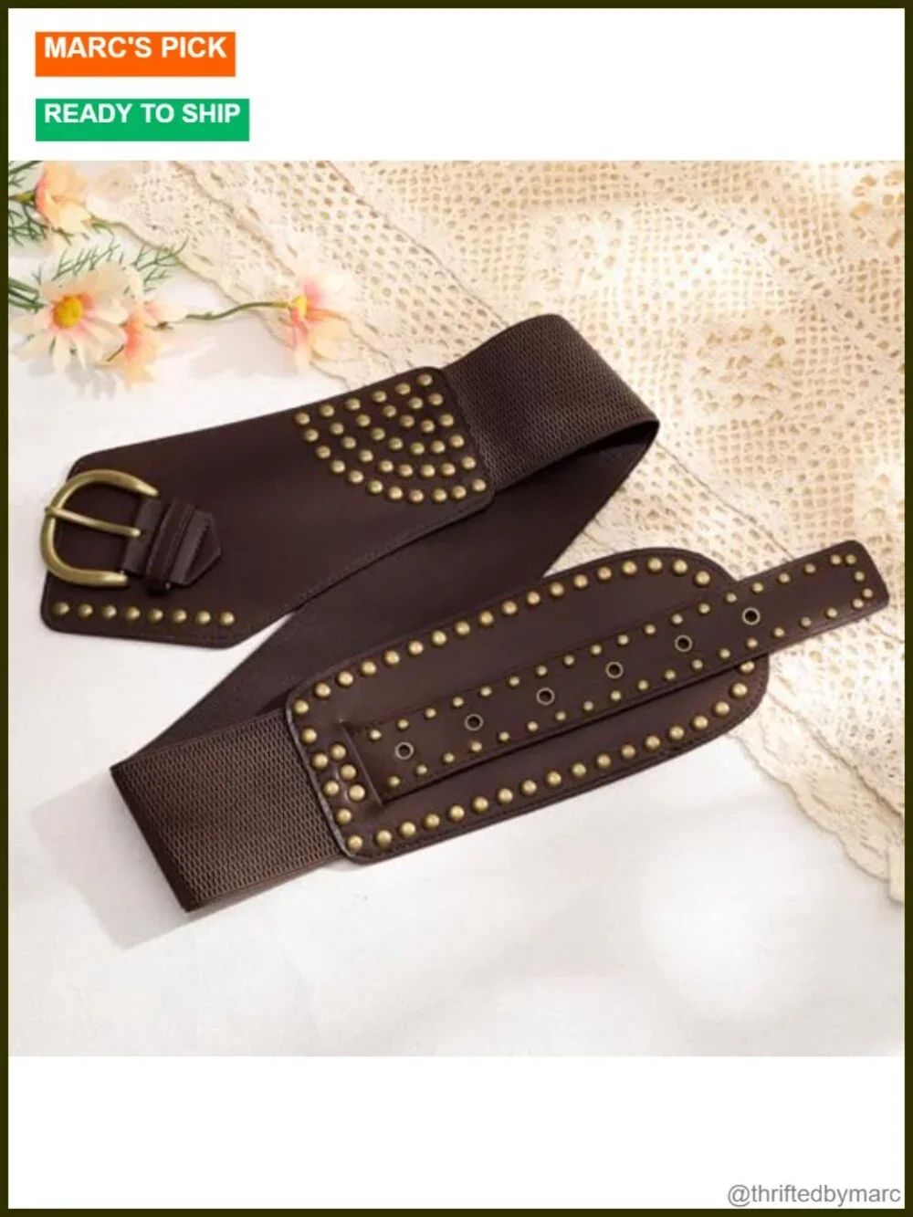 Vintage Wide Elastic Belt Studded Stretchy Waist Belt with Rivets Metal Buckle